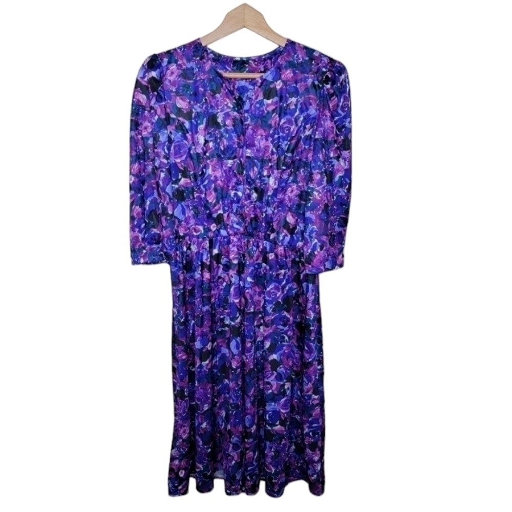 80s Vintage | Purple Pink Teal Floral Midi Dress